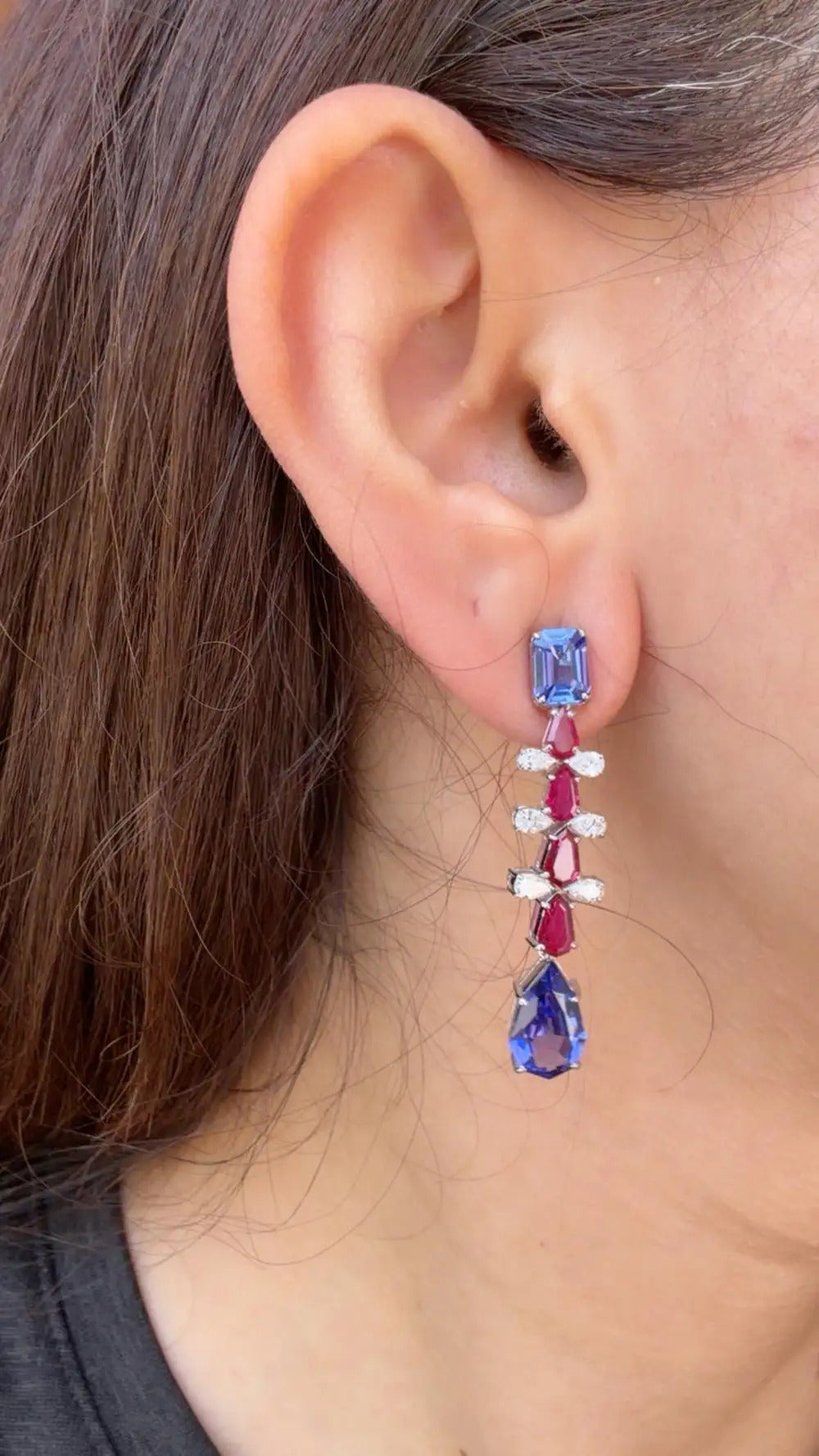 Mozambique Ruby & Tanzanite Dangle Earrings - 18k White Gold Diamond Handmade Earrings