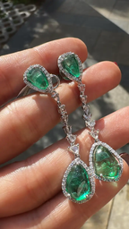 Natural Zambian Emerald & Rose Cut Diamond Dangle Earrings - 18k White Gold Handmade Drop Dangle Earrings