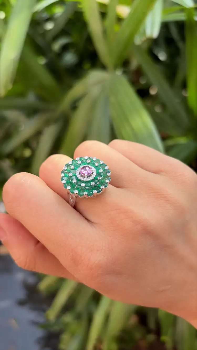 Pink Sapphire & Zambian Emerald Cocktail Ring - 18k White Gold Diamond Ring