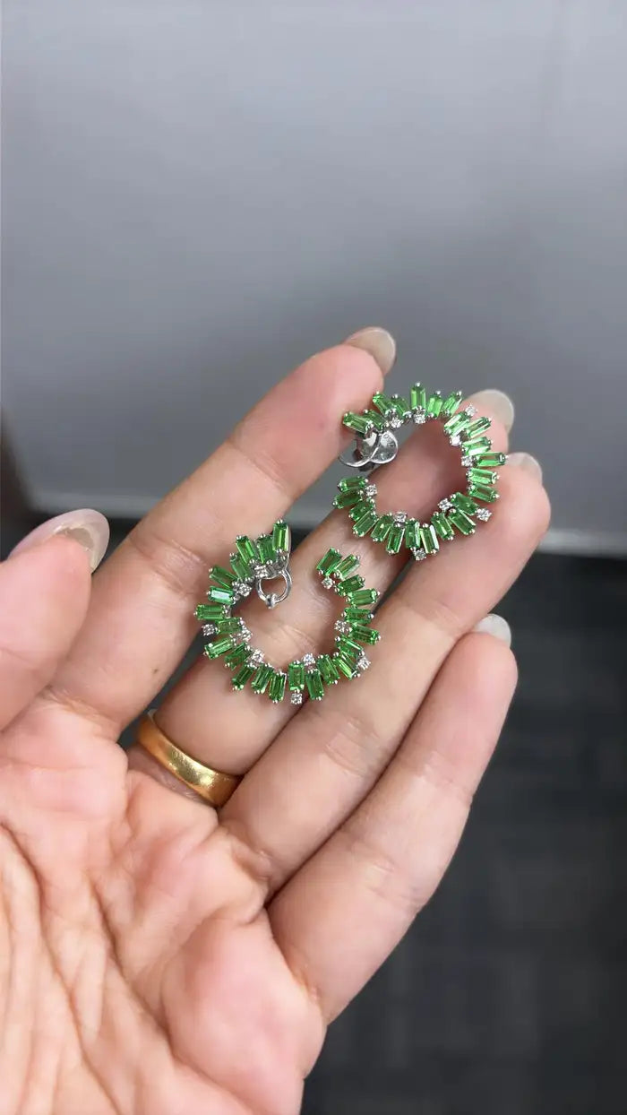 18k White Gold Diamond Earrings Natural Tsavorite Hoop Earrings