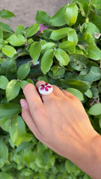 18k White Gold Diamond Ring - Natural Mozambique Ruby & Mother of Pearl Cocktail Ring