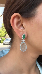 Natural Zambian Emerald & Aquamarine Gemstone Dangle Earrings - 18k White Gold Rose Cut Diamond Earrings