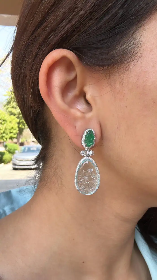 Natural Zambian Emerald & Aquamarine Gemstone Dangle Earrings - 18k White Gold Rose Cut Diamond Earrings Main Image