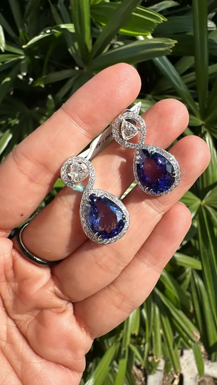 18k White Gold Handmade Rose Cut Diamond Earrings - Natural Tanzanite Gemstone Earrings - Best Anniversary Gift