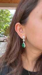 12.36 Ct. Natural Zambian Emerald Dangle Gold Earrings - 18k White Gold & Rose Cut Diamond Earrings