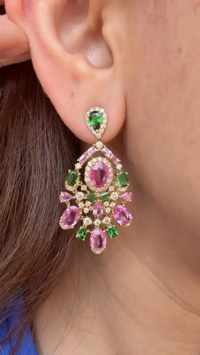 Natural Pink Sapphire & Tsavorite Dangle Earrings - 18k Yellow Gold Diamond Earrings Main Image