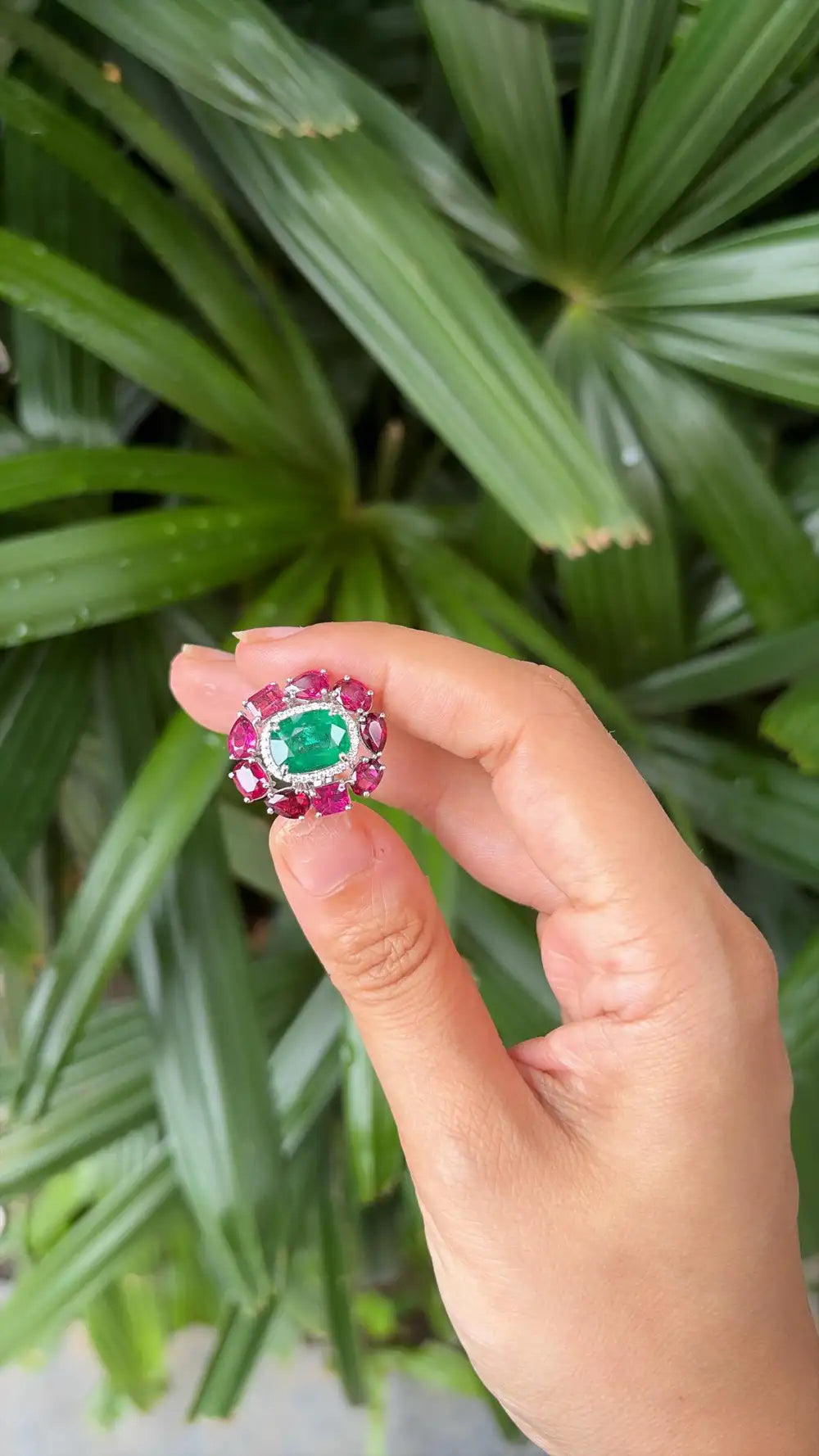 18k White Gold Diamond Handmade Ring - Natural Emerald & Ruby Gemstone Cocktail Ring