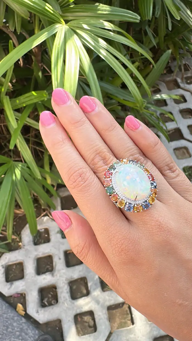 Natural Ethiopian Opal 18k White Gold Statement Ring - Ceylon Multi Sapphire & Diamond Wedding Ring Main Image