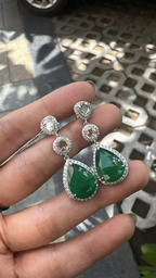 12.36 Ct. Natural Zambian Emerald Dangle Gold Earrings - 18k White Gold & Rose Cut Diamond Earrings