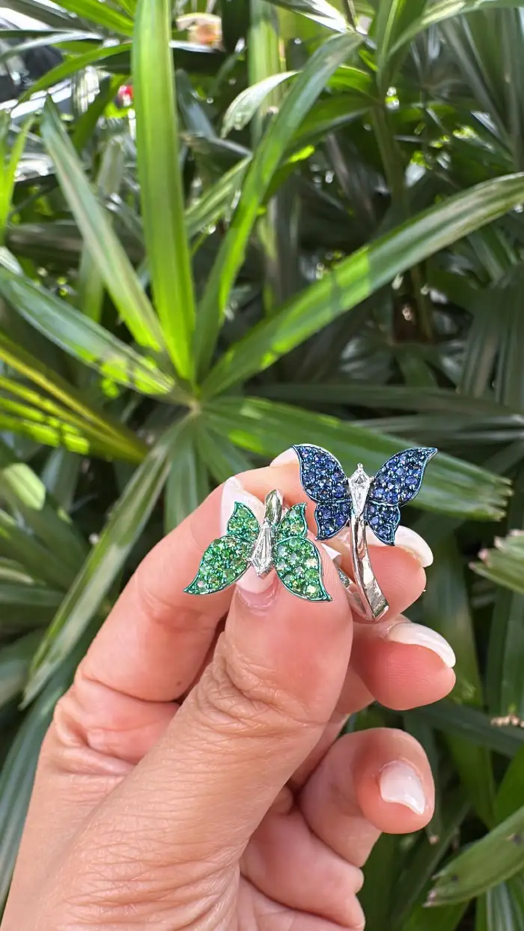 Natural Blue Sapphire & Tsavorites Ring - 18k White Gold Diamond Wrap Ring