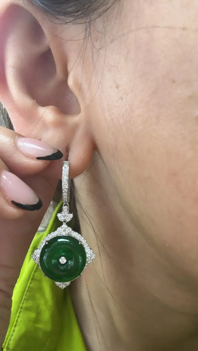 18k White Gold HKJSL Certified, Fei Cui Jade & Diamonds Dangle Earrings Main Image