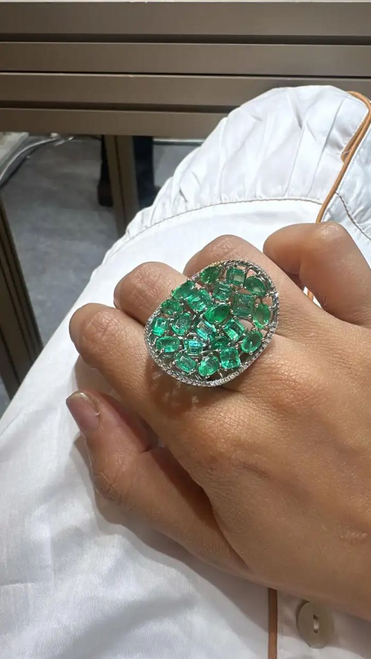 Solid 18k White Gold Diamond Ring - Natural Zambian Emerald Statement Ring