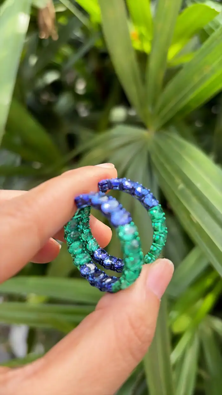 Natural Emerald & Tanzanite Gemstone Hoop Earrings - 18k Gold Hoop Earrings