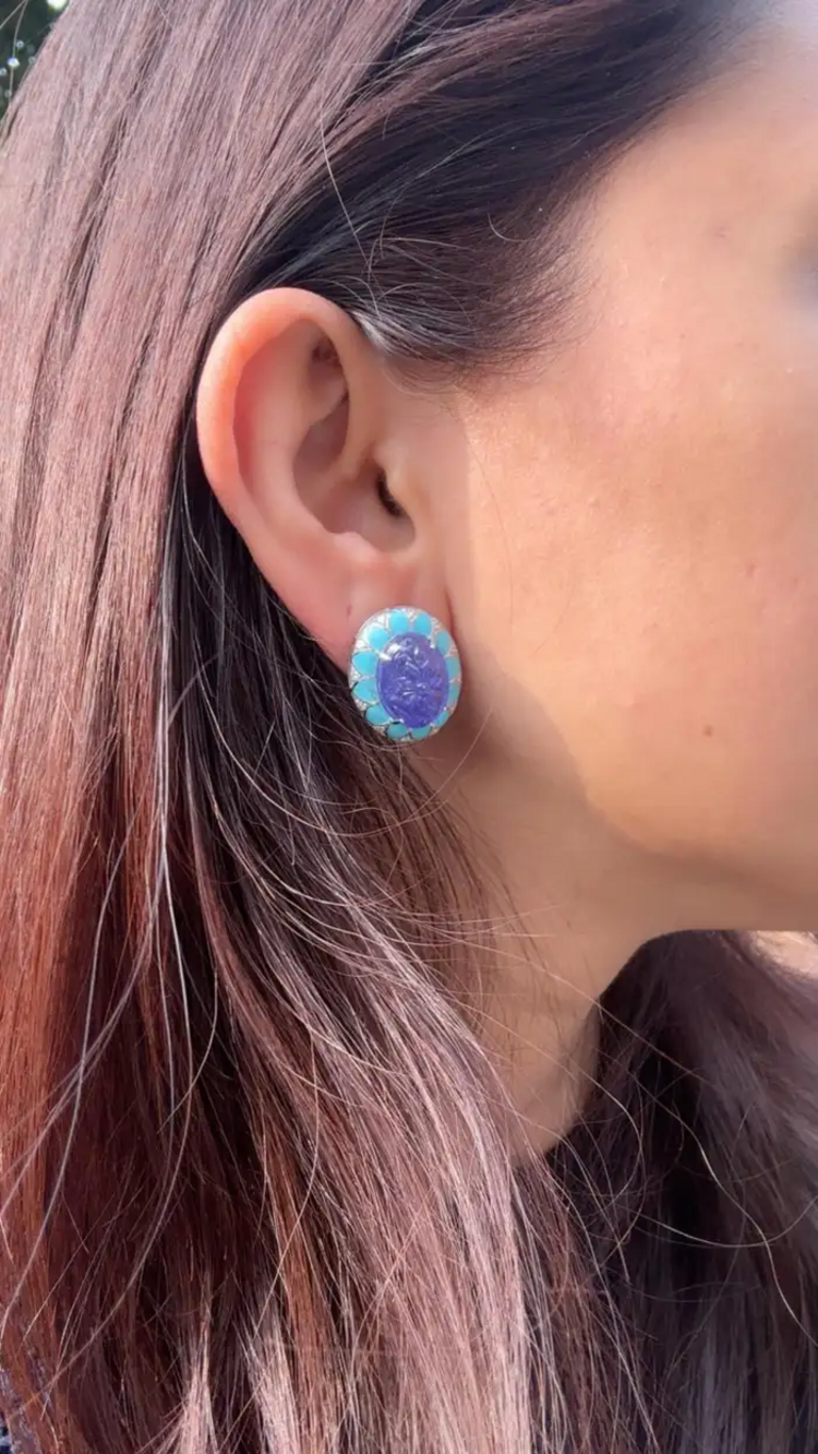 Hand Carved Tanzanite & Turquoise Enamel Stud Earrings - 18k White Gold Diamond Earrings