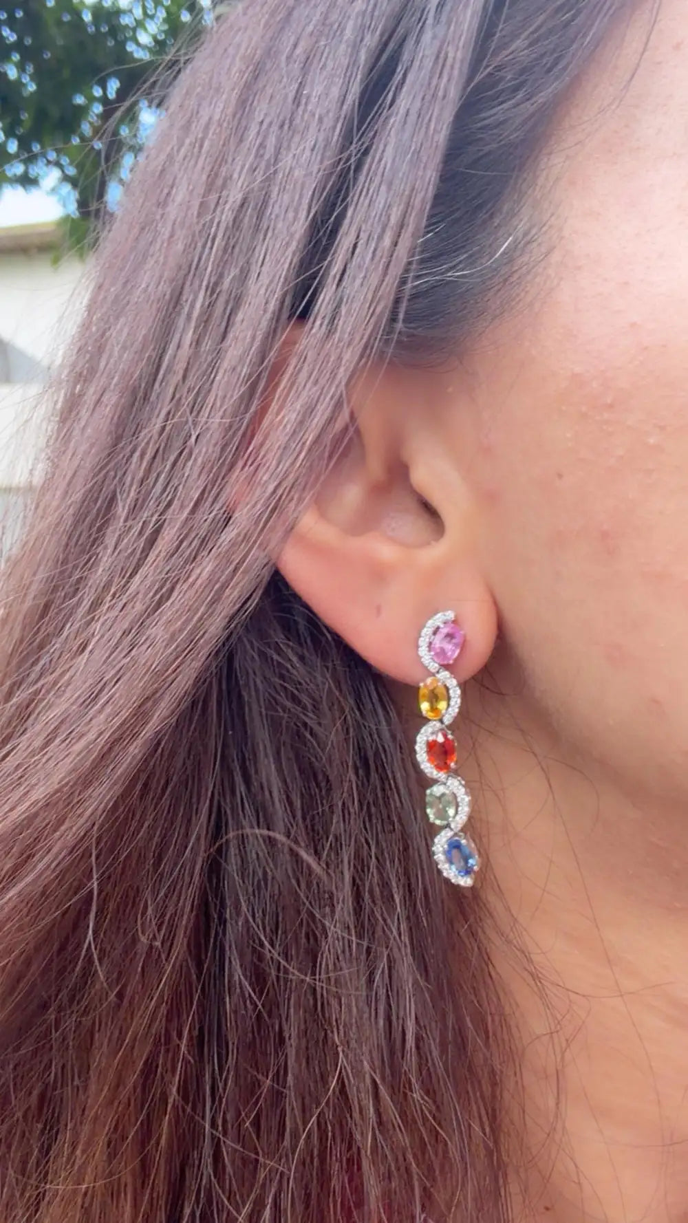 Natural Multi Sapphire Gemstone Dangle Earrings - 18k White Gold Diamond Earrings