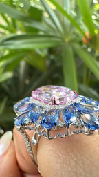 Natural Kunzite & Blue Sapphire Cocktail Ring - 18k White Gold Diamond Ring