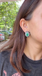 18k White Gold Diamond Stud Earrings - Natural Colombian Emerald & Black Onyx Stud Earrings