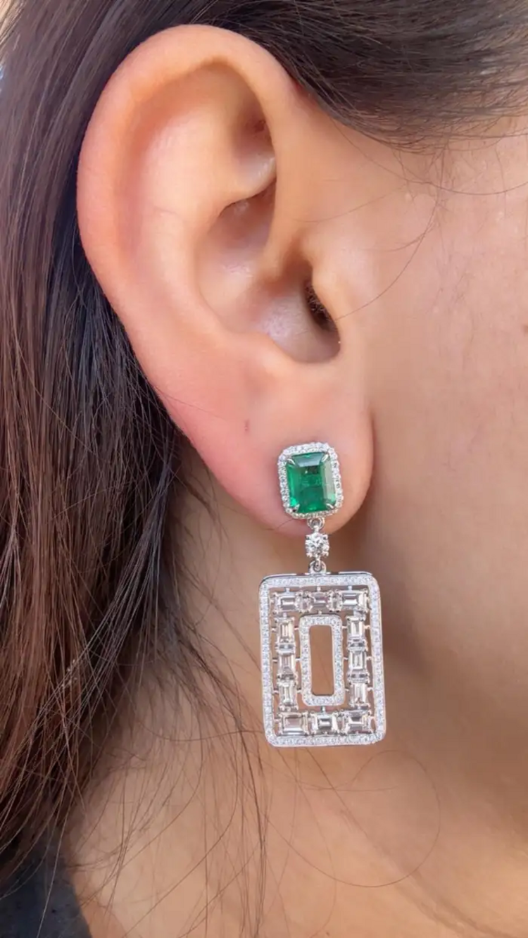 Natural Zambian Emerald & Diamond Dangle Earrings - 18k White Gold Handmade Earrings