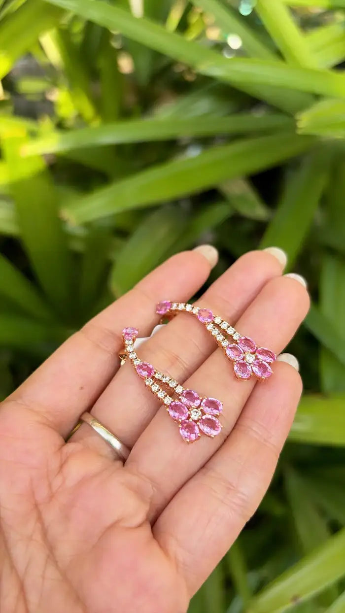 18k Rose Gold Diamond Handmade Earrings - Natural Pink Sapphire Dangle Earrings