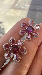 Natural Ceylon Pink Sapphires & Tourmaline Gemstone Floral Stud Earrings - 18k Rose Gold Diamond Earrings