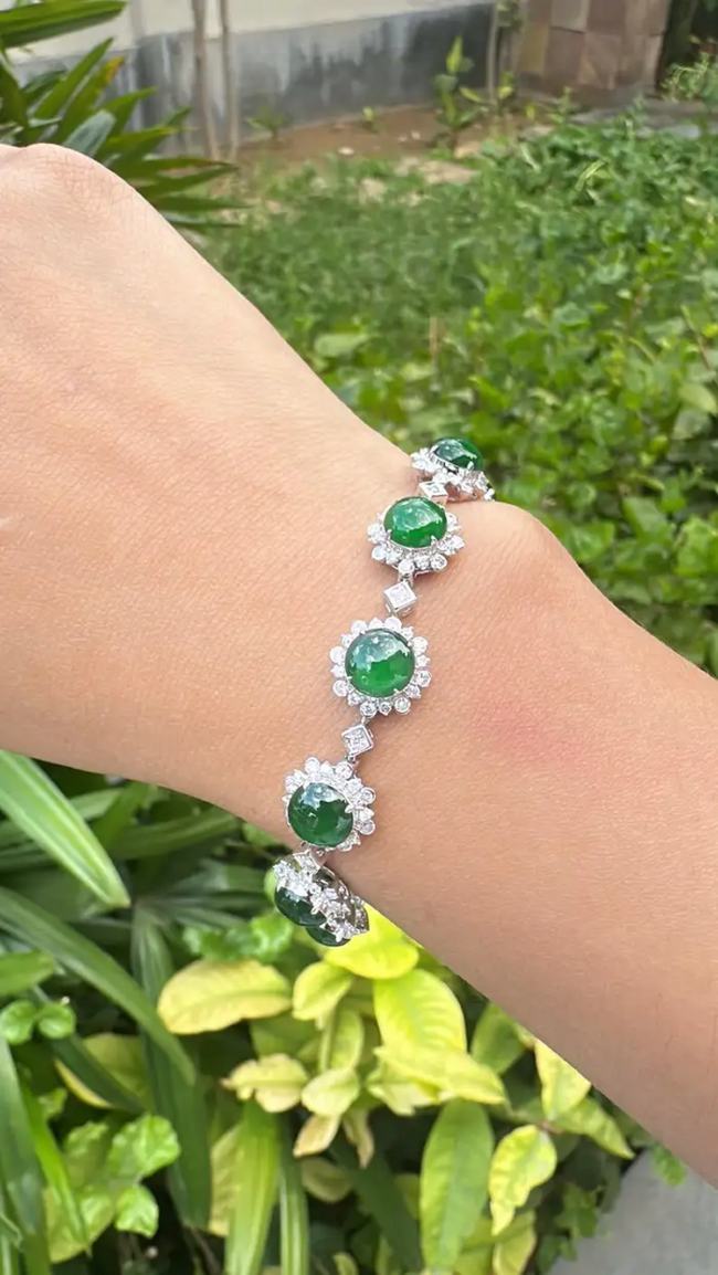 7.70 Ct. Burmese Jadeite & Diamond Bracelet - 18k White Gold Handmade Women Bracelet Hover Image