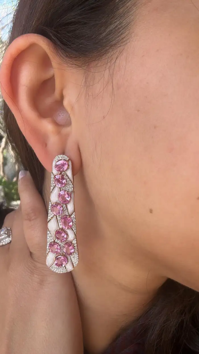 18k Rose Gold Diamond Dangle Earrings - Natural Ceylon Pink Sapphire & White Enamel Women Earrings Main Image