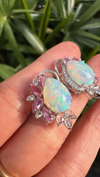 18k White Gold Diamond Stud Earrings - Natural Ethiopian Opal & Pink Sapphire Earrings