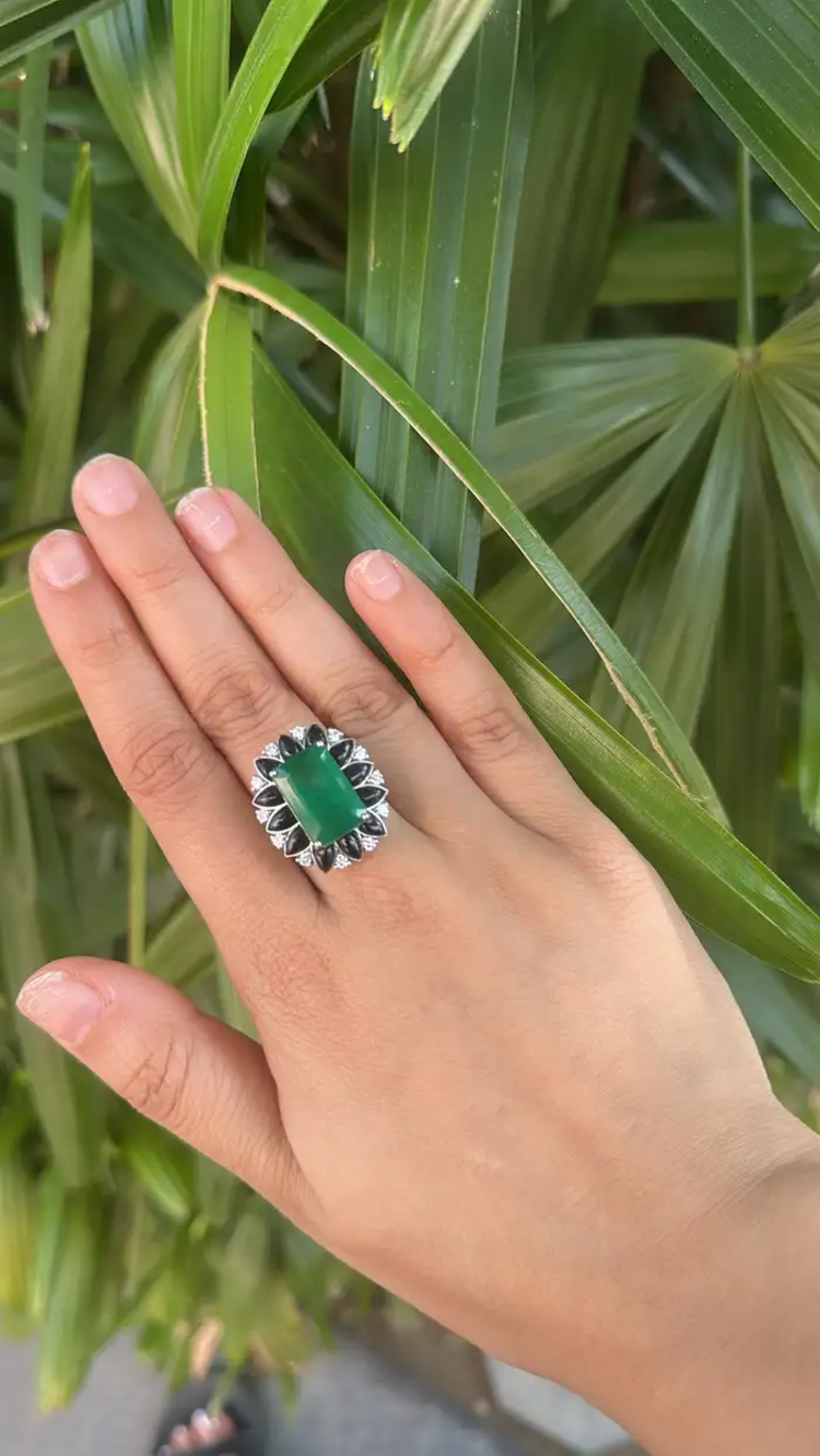 8.25 Ct. Zambian Emerald & Black Onyx Statement Ring - 18k White Gold Diamond Ring