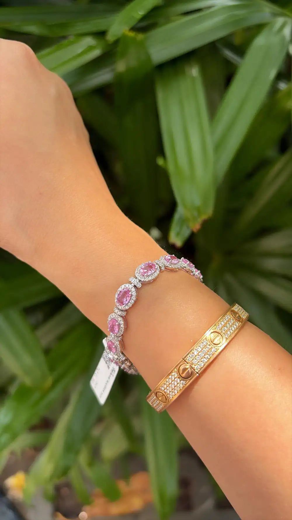 Natural Pink Sapphire Gemstone Bracelet - 18k White Gold Diamond Handmade Bracelet
