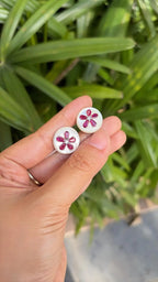 18k White Gold Diamond Stud Earrings - Natural Mozambique Ruby & Mother Of Pearl Stud Earrings