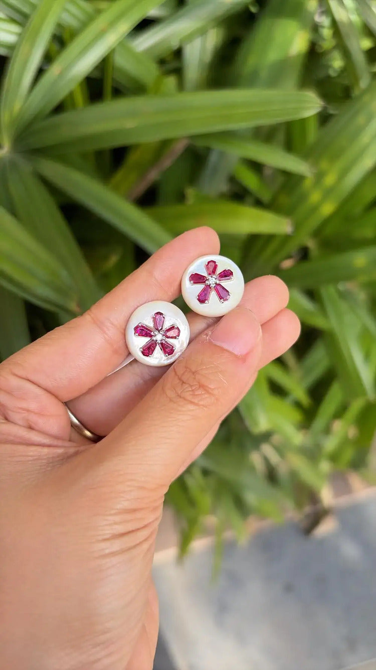 18k White Gold Diamond Stud Earrings - Natural Mozambique Ruby & Mother Of Pearl Stud Earrings