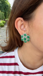 18k White Gold Diamond Stud Earrings - Natural Zambian Emerald Cabochons Earrings