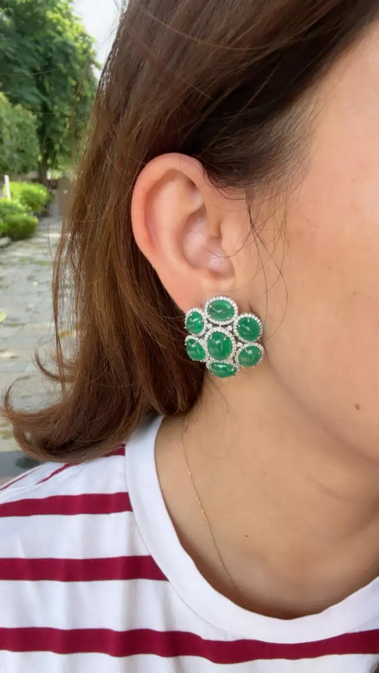 18k White Gold Diamond Stud Earrings - Natural Zambian Emerald Cabochons Earrings