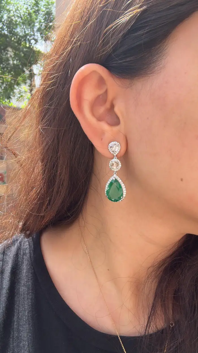12.36 Ct. Natural Zambian Emerald Dangle Gold Earrings - 18k White Gold & Rose Cut Diamond Earrings Main Image