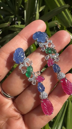 Natural Blue Sapphires, Emeralds, Rubies & Diamonds Chandelier Earrings - 18k White Gold Earrings