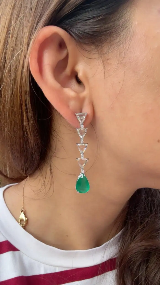 18k White Gold Diamond Drop Dangle Earrings - Natural Zambian Emerald & Rose Cut Diamond Earrings Main Image