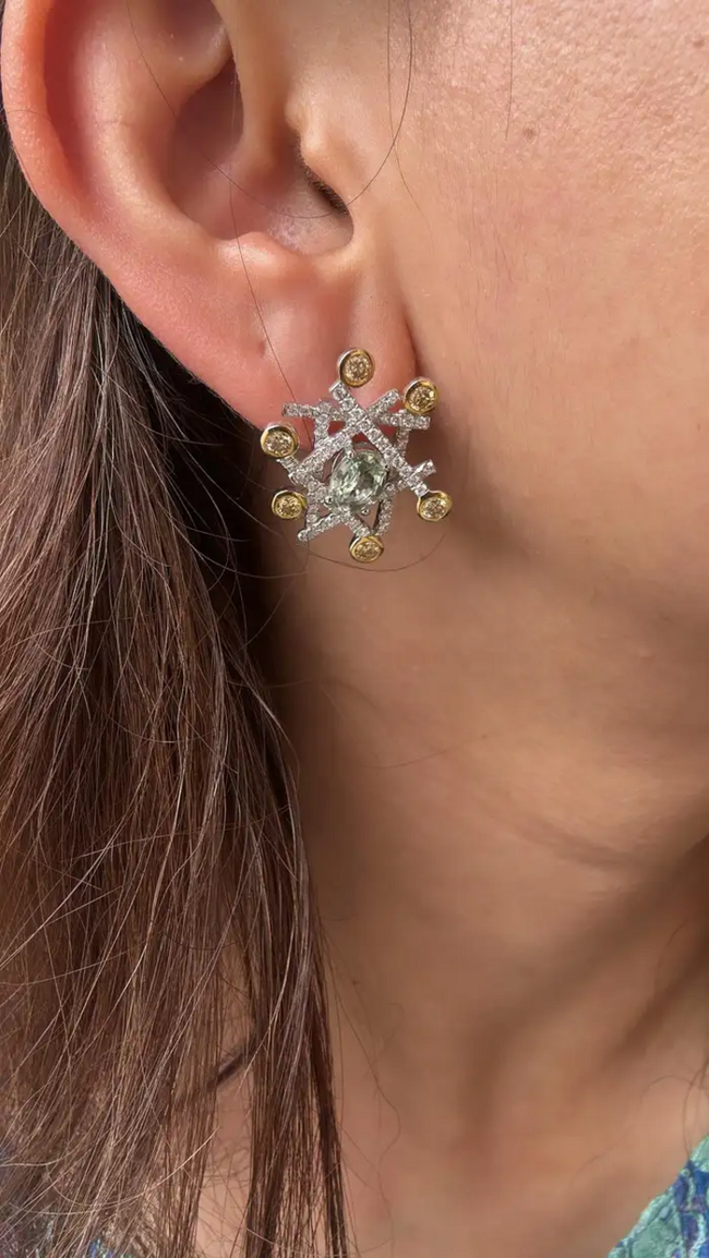 18k White Gold Handmade Stud Earrings With Yellow Diamonds - Natural Blue & Green Sapphire Stud Earrings Main Image