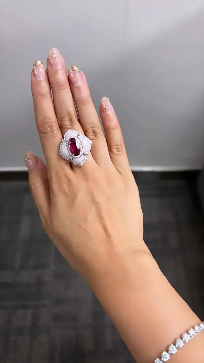 18k White Gold Diamond Ring - Natural Rubellite & Pink Opal Ring