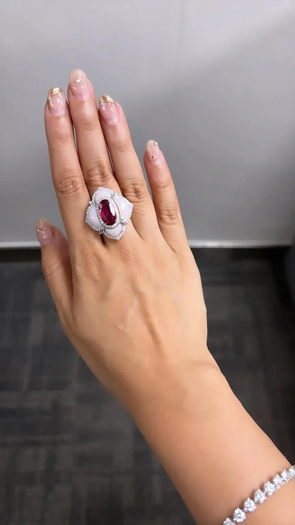 Natural Rubellite & Pink Opal Cocktail Ring - 18k White Gold Diamond Ring