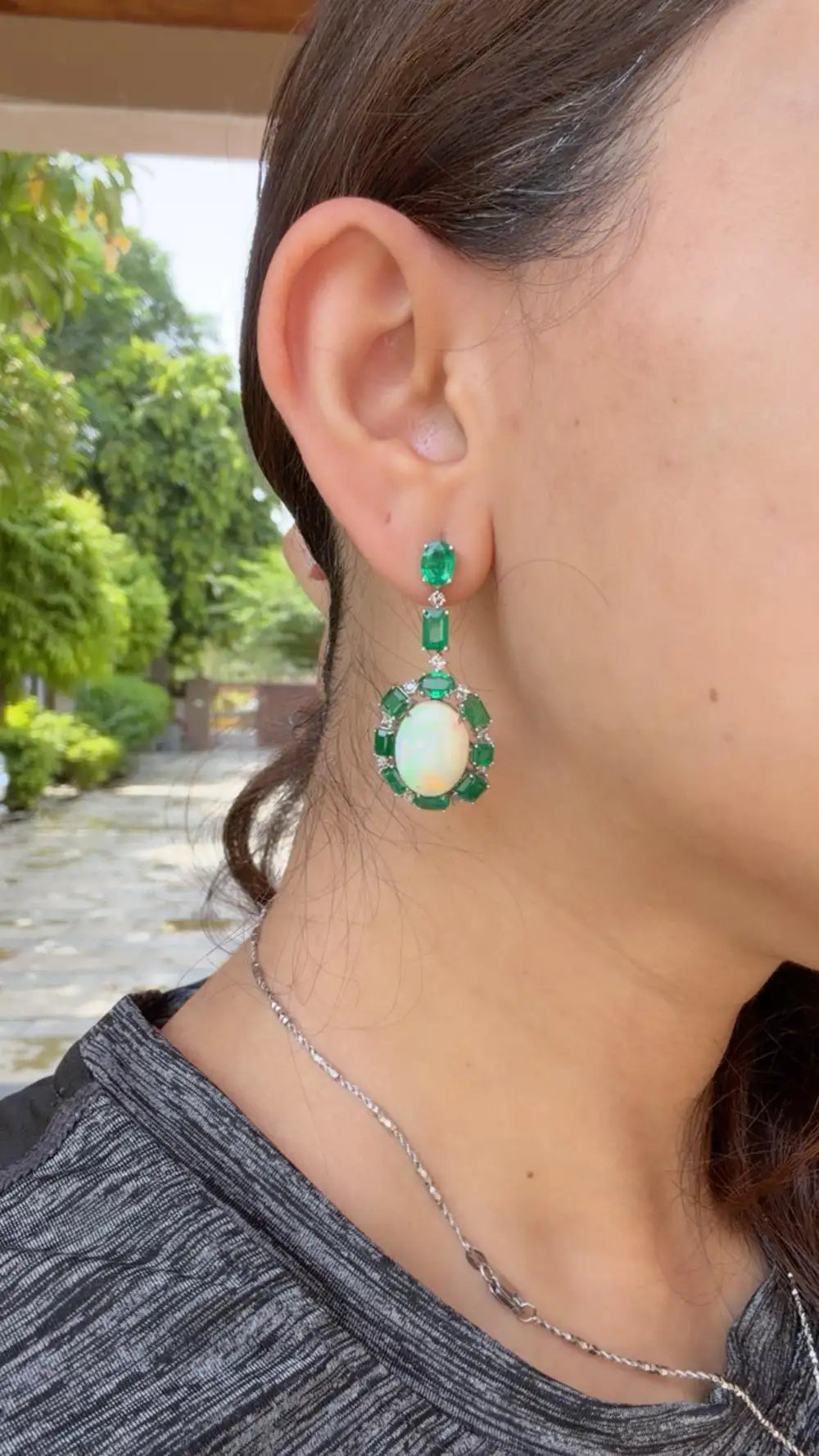 18k White Gold Diamond Dangle Earrings - Natural Zambian Emerald & Ethiopian Opal Dangle Earrings