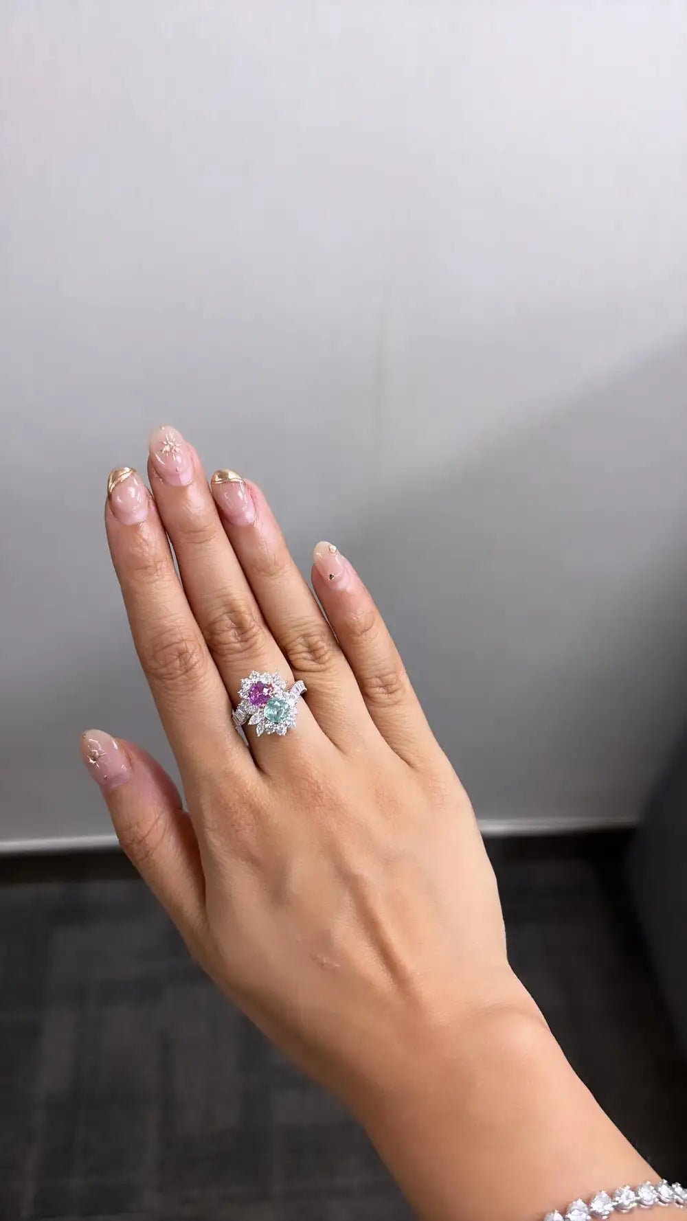 18k White Gold Diamond Toi et Moi Ring - Natural Pink Sapphire & Paraiba Tourmaline Cocktail Ring