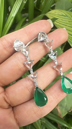 18k White Gold Diamond Drop Dangle Earrings - Natural Zambian Emerald & Rose Cut Diamond Earrings