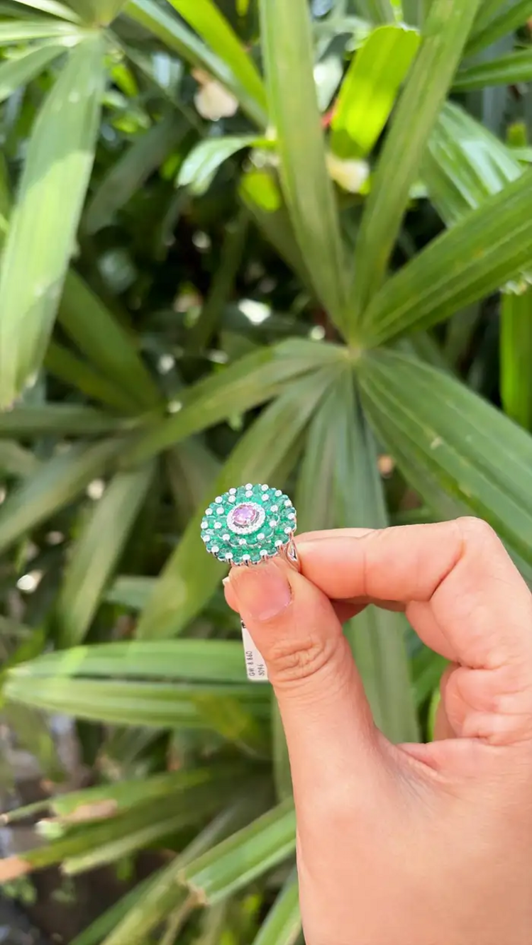 Pink Sapphire & Zambian Emerald Cocktail Ring - 18k White Gold Diamond Ring