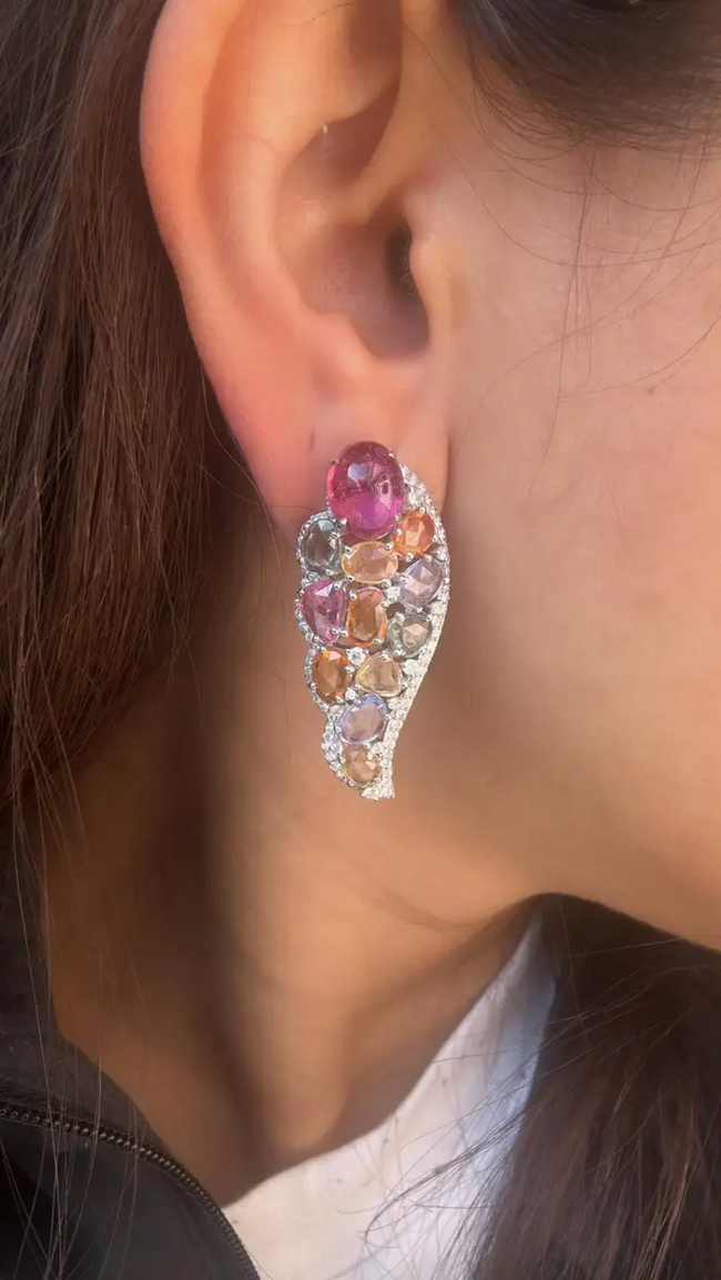 Natural Multi Sapphire & Tourmaline Gemstone Earrings - 18k White Gold Diamond Earrings Main Image