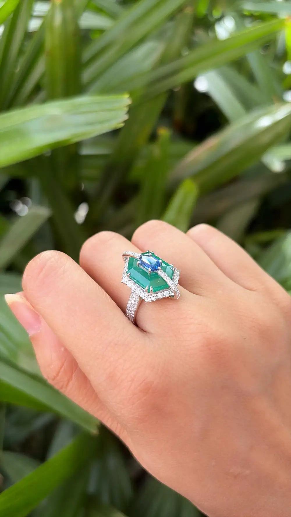 18k White Gold Diamond Cocktail Ring - Natural Zambian Emerald & Blue Sapphire Ring
