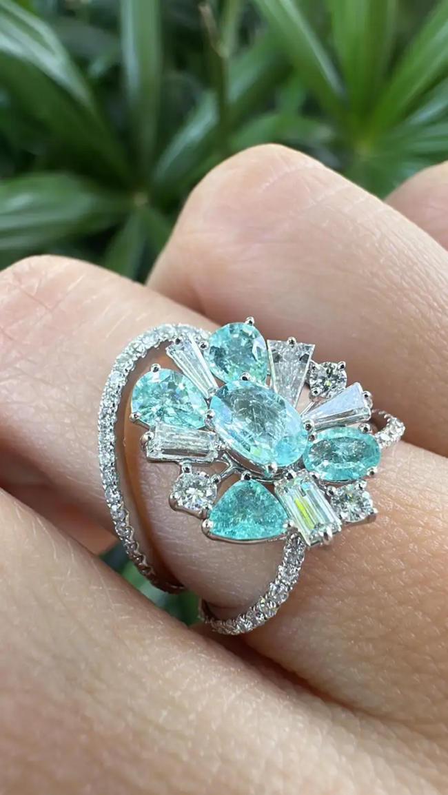 18k White Gold Diamond Engagement Ring - Natural Paraiba Tourmaline Ring Main Image