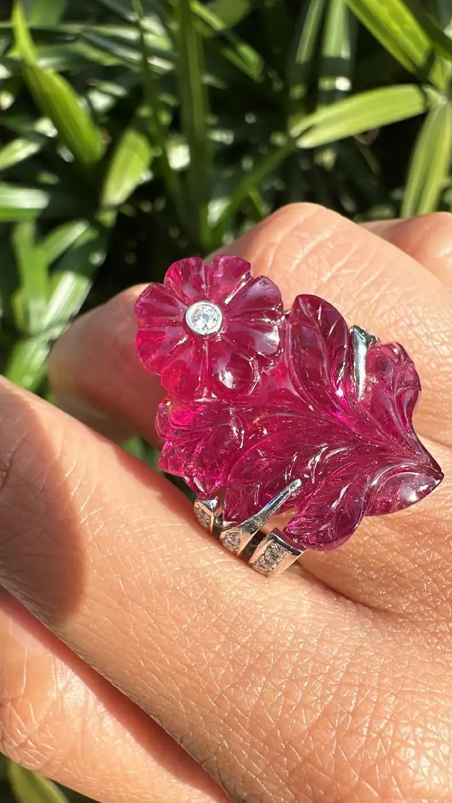 33.00 Ct. Carved Tourmaline Ring - 18k Gold Diamond Big Ring - Gemstone Floral Ring Main Image