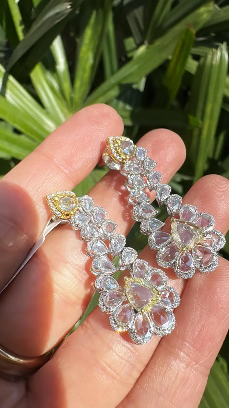 Natural Yellow & White Rose Cut Diamond Dangle Earrings - 18k White Gold Chandelier Earrings