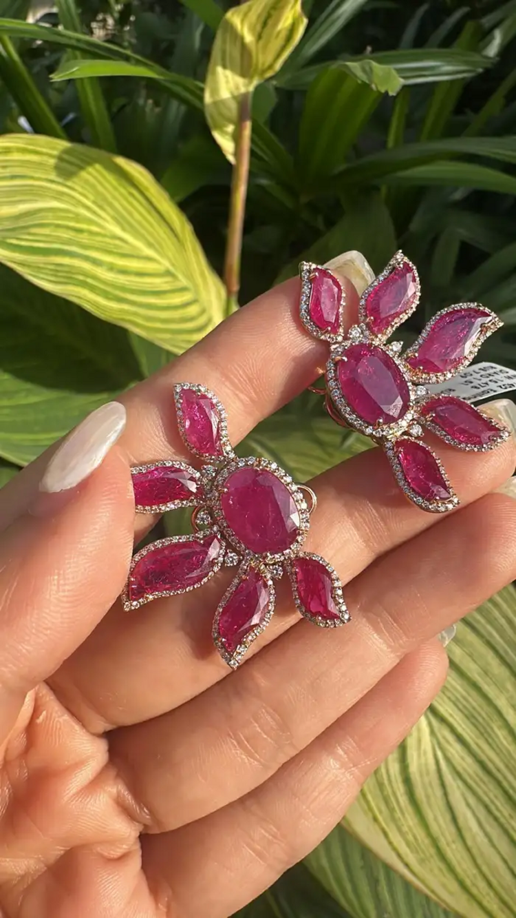 18k Rose Gold Diamond Earrings - Natural Mozambique Ruby Handmade Stud Earrings