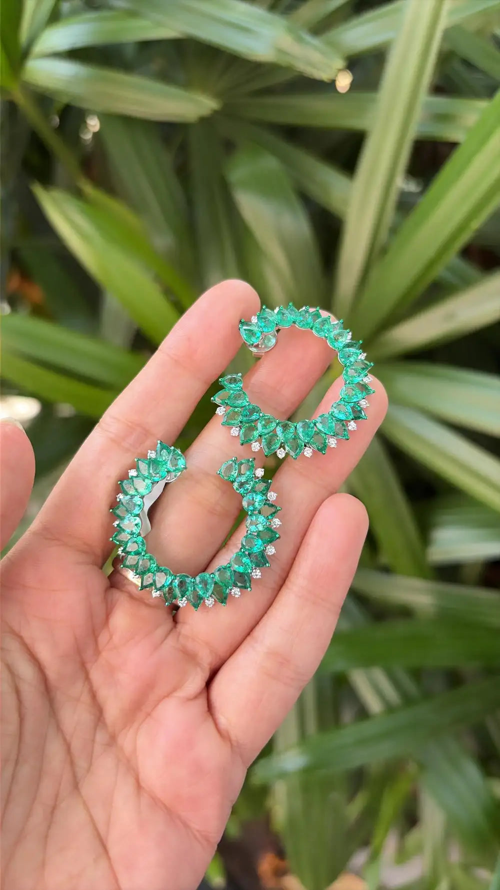 Natural Zambian Emerald Gemstone Hoop Earrings - 18k White Gold Diamond Handmade Hoop Earrings